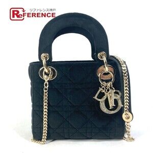 Dior Lady Cannage Chain Rhinestone Shoulder Handbag Velour Leather Black